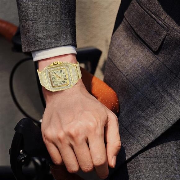 Hip Hop Men's Crystal Watch Bling Bling Watch Rectangle Case Stainless Steel - Picture 4 of 7